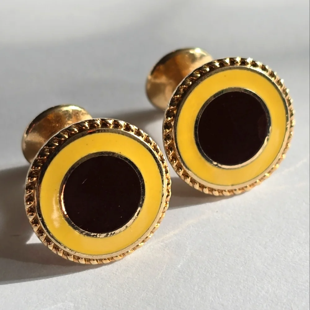 Vintage cuff links yellow brown enamel gold tone round circle formal
